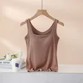 Brown ribbed knit camisole with square neck and built-in bra pads for a slim fit - S / Khaki