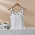 Slim fit white tank top with brown contrast straps and built-in padded bra design - S / White with Apricot Edge