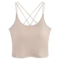 Top corto beige in maglia a coste con spalline sottili e design incrociato sul retro - S / Cachi