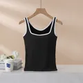 Slim fit black tank top with white contrast trim and built-in chest pads for women - S / Black with White Edge