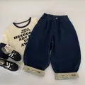 Kids loose dark blue denim pants and beige long sleeve T-shirt casual outfit set - Size 120 / Blue