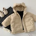 Detail of toddler hooded down jacket with cute bear ears and beige puffer material - Beige / 90cm