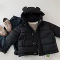 Detail of kids hooded down jacket with bear ears and Teflon stain resistant fabric technology - Black / 90cm