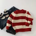 Pull en tricot à rayures rouges et blanches pour enfants avec jean et sabots douillets - Rayé Rouge Riz / 90cm