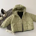 Detail of water-resistant green hooded down jacket with square quilting and zip closure - Green / 90cm