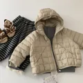 Three-piece winter set featuring beige quilted down jacket, striped fleece pants and plush shoes - Khaki / 90cm