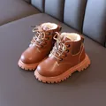 Winter kids' warm brown leather Martin boots with thick plush lining and anti-slip sole - Sizes 21-25 Range / Plush Lined Brown
