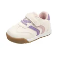 Scarpe primi passi bianche per neonata con strisce viola e suola in gomma - Taglia 16 (Lunghezza Interna 12cm) / Rosa