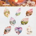 8pcs retro watercolor leaf stickers with miniature landscapes on textured paper - 8 Sheets Set / Soft Scenery