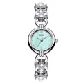 GEDI luxury women watch featuring a pearl chain strap and light blue shell dial finish - White Case Green Dial White Band