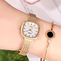Montre à quartz carrée dorée élégante avec bracelet en maille et cadran à chevrons - Or Cadran Crème