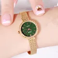 Elegant women's quartz watch with gold Milanese mesh band and vintage green textured dial - Gold Case Dark Green Dial