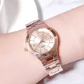 Minimalist rose gold steel watch with calendar display and textured metal strap - Rose Gold Case Rose Gold Dial Rose Gold Band