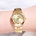 Elegant gold metal ladies watch with date calendar display and mesh chain strap - IP Gold Case Gold Dial