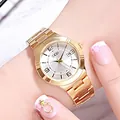 Elegant gold quartz watch with white round dial and metallic link strap for women - Gold Case White Dial (Gold Studs)