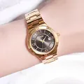 GEDI Women's Quartz Watch in Rose Gold with Dark Grey Dial and Date Window - IP Gold Case Gold Studs Black Dial Gold Band