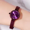 Elegant purple metal mesh strap GEDI quartz watch for women shown on a female wrist - Bright Purple