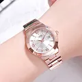Women's rose gold calendar watch with a metallic strap and silver brushed dial - Rose Gold Case White Dial Rose Gold Band