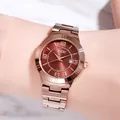 GEDI women's watch with rose gold steel strap and sunburst red dial showing date - Coffee Tone