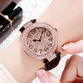 Luxuriöse Damen-Quarzuhr in Roségold mit Strass-Lünette und schwarzem Lederarmband - Schwarz (Roségoldenes Gehäuse)