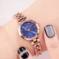 Women's rose gold quartz watch with a deep blue sunray dial and metal link bracelet - Rose Gold Case Blue Dial