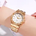 Montre quartz femme dorée de luxe avec lunette octogonale diamantée et cadran gaufré - Boîtier Or Cadran Blanc Bracelet Or