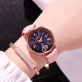 GEDI rose gold watch with starry sky dial, pink leather strap, and evil eye bracelet - Pink