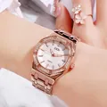 Montre femme or rose élégante avec lunette octogonale en strass et cadran quadrillé - Boîtier Or Rose Cadran Blanc Bracelet Or Rose