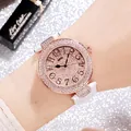 Women's rose gold luxury watch with full crystal dial and white leather strap - White (Rose Gold Case)