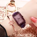 Luxury rectangular diamond-set ladies watch with purple crocodile leather strap and bracelet - Bright Purple