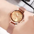 Elegant rose gold women's quartz watch with Milanese mesh strap and faceted cut glass face - Rose Gold Mesh Band Rose Gold Dial