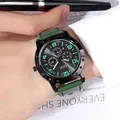 Business casual men's watch with dark green leather strap and multi-functional dials - Green