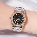 Luxuriöse Damen Quarzuhr mit schwarzem Waffel-Zifferblatt und Roségold-Bicolor-Band - Bicolorgehäuse Schwarzes Zifferblatt Bicolorband