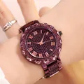 Montre à quartz luxe pour femme violette avec cadran serti de cristaux et bracelet métal rose - Violet