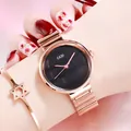 Elegante reloj de mujer en oro rosa con esfera negra y brazalete de malla fina - Caja Oro Rosa Esfera Negra