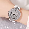 GEDI luxury women's quartz watch with silver rhinestone dial and white leather strap - White (Silver Case)