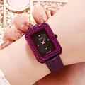 Montre femme élégante en cuir violet avec cadran carré serti de diamants brillants - Bracelet Violet Boîtier Violet Cadran Noir