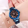 Rose gold ladies watch with starry dial, Roman numerals and navy steel strap - Blue Case Starry Dial Blue Strap
