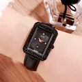 Montre carrée noire pour femme avec lunette sertie de cristaux et cuir noir - Noir Cool
