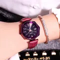 Montre quartz femme cadran ciel étoilé violet et bracelet en cuir bordeaux - Violet