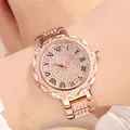 Montre de luxe rose dorée pour femme avec cadran en strass et chiffres romains - Or rose