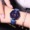 Montre femme en cuir bleu ciel étoilé avec lunette polygonale et bracelet œil - Bleu