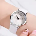 GEDI minimalist women's watch with white leather strap and clover embossed dial - White Strap Silver Case White Dial