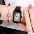 Montre carrée pour femme élégante avec lunette en diamants noirs et bracelet en cuir - Bracelet Noir Boîtier Noir Cadran Argenté