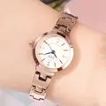 Elegant rose gold women's watch with champagne dial and crystal markers on metal strap - Rose Gold Strap Gold Dial