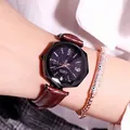 Starry sky watch with octagonal case, brown leather strap and evil eye bracelet - Brown Black Dial