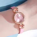Pink leather strap watch with rose gold case and Roman numerals for women - Rose Gold Pink Dial Pink Strap