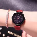 Women's octagonal starry sky watch with red leather strap and evil eye bracelet - Burgundy