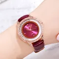 Luxury women's quartz watch with purple leather strap and sparkling rhinestone bezel - Purple Strap Purple Dial