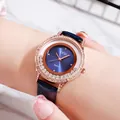GEDI luxury women's watch with rose gold crystal bezel and navy blue leather strap - Blue Strap Blue Dial